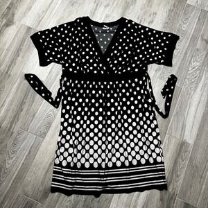 J.B.S. Ltd Women Black White Polka Dot Faux Wrap Empire Waist Dress 2X Plus Size